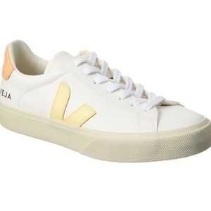 Veja Women's Esplar Leather Sneaker in White with Pale Yellow Accent